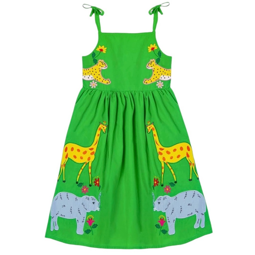 Girls Safari Zoo Animal Embroidered Appliqué Tie Strap Green Vacation Dress